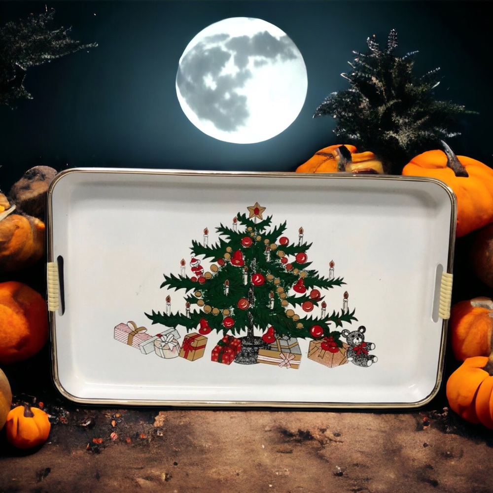 Vintage Christmas Holiday Serving Tray Tree Made in Japan 18.5” x 11”